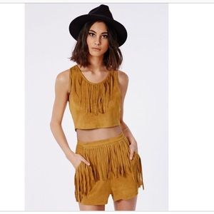 Fringed Front Faux Suede Mustard Set
